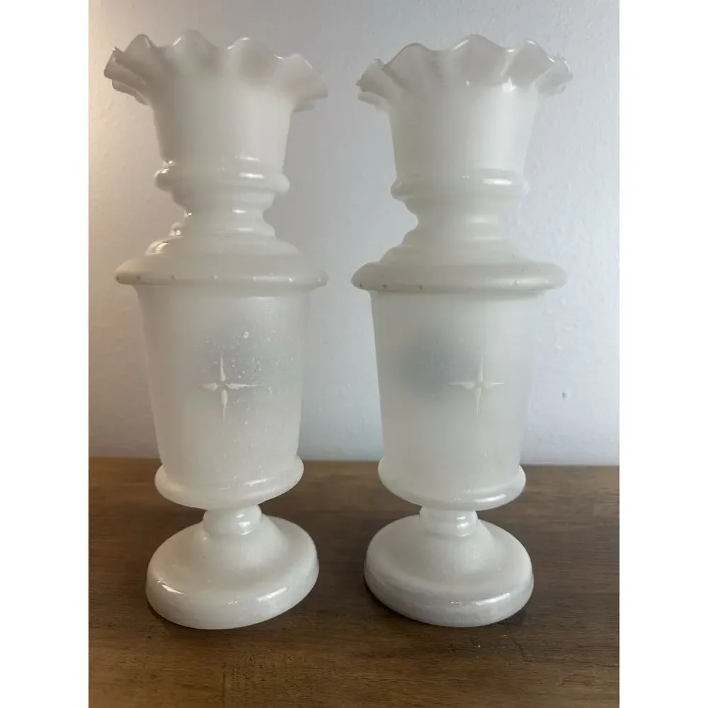 Vintage Pair Milk Glass Vases Blue Diamond Motif Ruffled Rim Art Glass